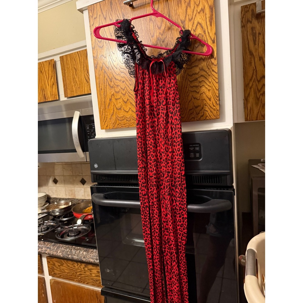 Music Legs Red Leopard Print Jumpsuit Black Lace Ruffle Neck Bow Nylon Womens